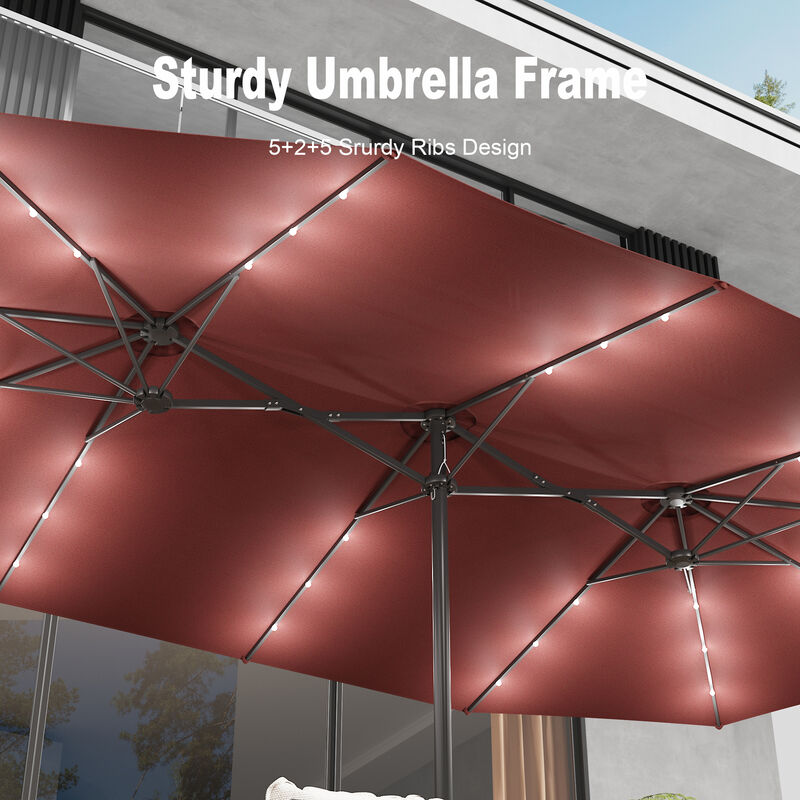 FUFU&GAGA 15-ft x 9-ft Wine Red Large Outdoor Cantilever Umbrella with Solar Panel, Lights & Base, Iron Frame Offset Sunshade image number 5