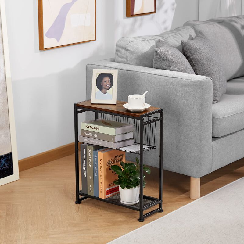 Small Side Table for Small Spaces - Slim End Table with Magazine Holder - 2 in 1 Design Narrow End Table Living Room - Skinny Be