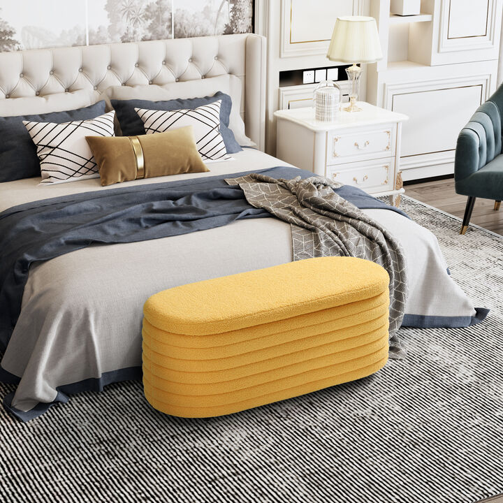 WestinTrends 42" Wide Mid-Century Modern Upholstered Teddy Sherpa Tufted Oval Storage Ottoman Bench