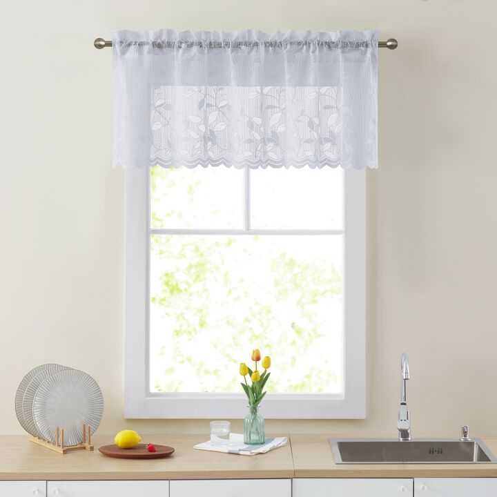 THD Jayce Lace Sheer Kitchen Curtain Valance Topper - Rod Pocket for Small Windows, Bathroom & Kitchen - 54 W x 18 L