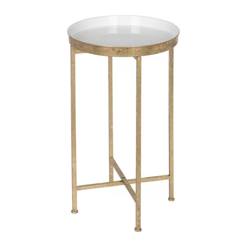 Hivvago Gold Finish Metal Round End Table Nightstand with Removable Teal Tray Top