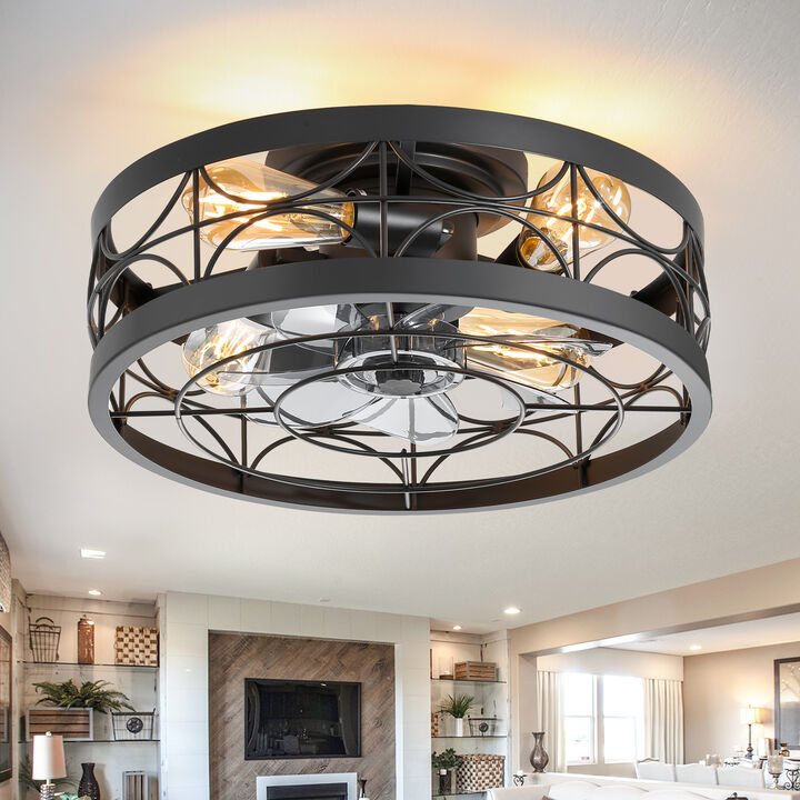 Breezary 16.5" Vintage Cage Ceiling Fan with Light, 7 Blades, 6 Speed, Low Profile Flush Mount, Reversible Airflow