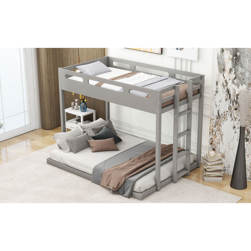 Twin over Full Bunk Bed with Builtin Ladder, Gray