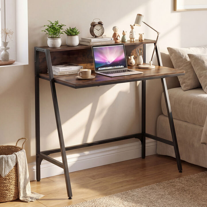 Home Desk with Raised Shelf and Metal Frame for Work and Study