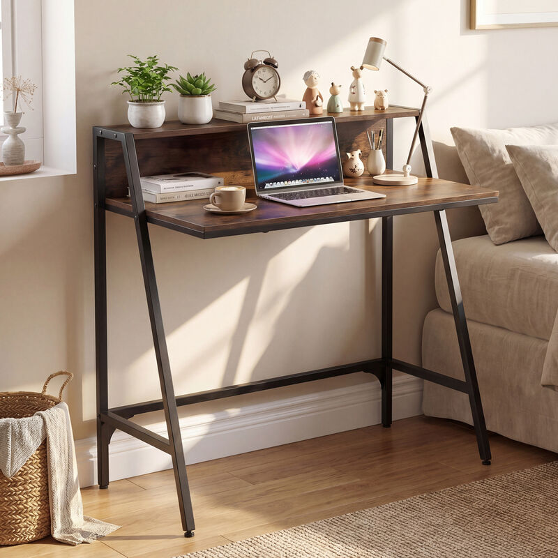 Home Desk with Raised Shelf and Metal Frame for Work and Study image number 1