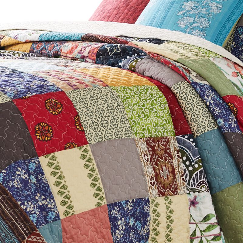 Lily 3pc King Quilt and Pillow Sham Set, Assorted Patchwork, Multicolor - Benzara