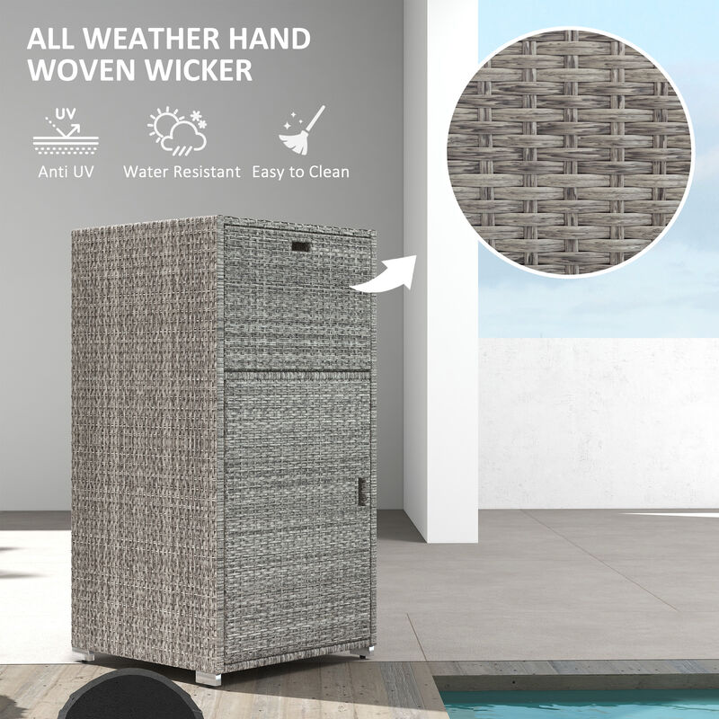 Outsunny Outdoor Towel Rack & Pool Toy Cabinet / Hot Tub Accessory Storage, Freestanding Waterproof PE Rattan Wicker Cabinet & Basket Drawer for Indoor, Outdoor Swimming Pool, Spa, Gray