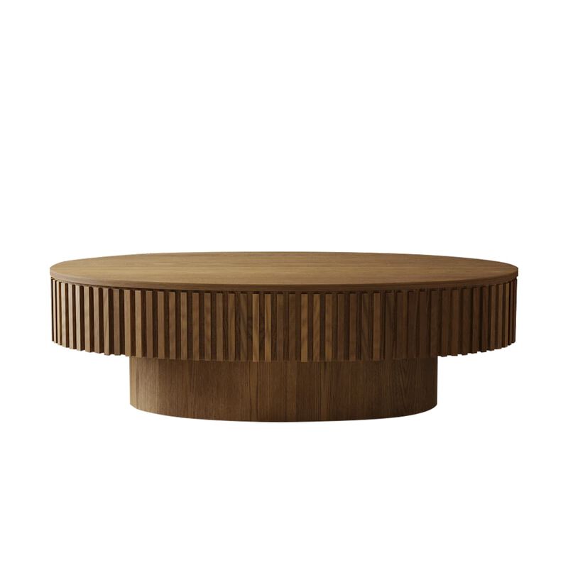 Oval coffee table with storage Solid wood veneer and MDF modern coffee table with fluted base Accent tea coffee table for living room image number 0