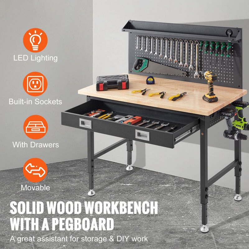 Heavy Duty Garage Workbench with Hardwood Top, Adjustable Height, Steel Frame and 30 Hooks-Black image number 7