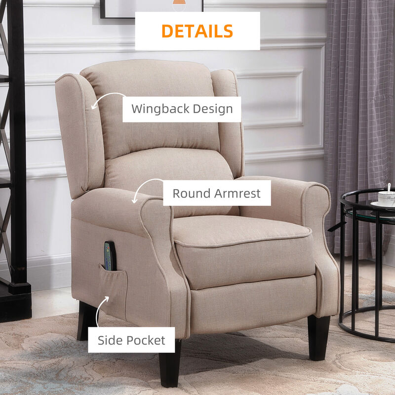 HOMCOM Wingback Heated Vibrating Massage Chair, Accent Sofa Vintage Upholstered Massage Recliner Chair Push-back with Remote Controller, Beige