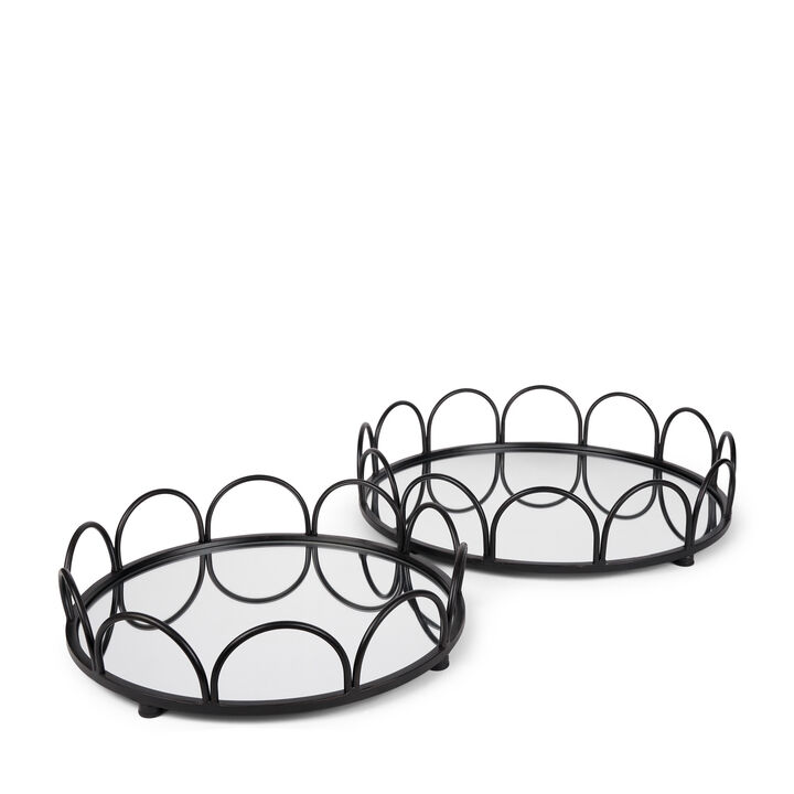 HomeRoots Set of Two Black And Silver Metal And Mirrored Glass Round Vanity Trays