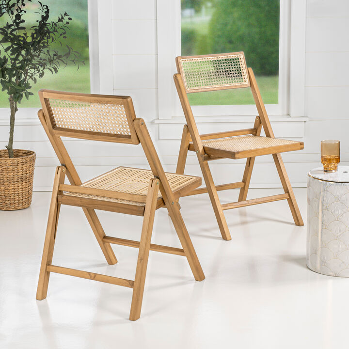 Theo Mid-Century Vintage Wood Rattan Folding Chair with Adjustable Back, Light Brown (Set of 2)