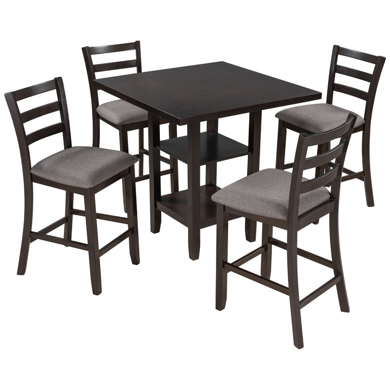 Merax 5-Piece Wooden Counter Height Dining Set with Padded Chairs and Storage Shelving
