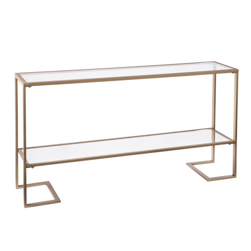 HomeRoots 52" Clear and Gold Mirrored Glass and Metal Sled Console Table With Shelf image number 2