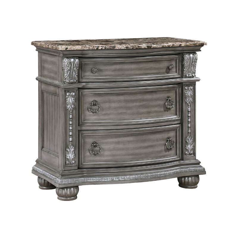 Toga 3 Drawer Nightstand, Gray Acacia Wood Carved Details, 35 Inch