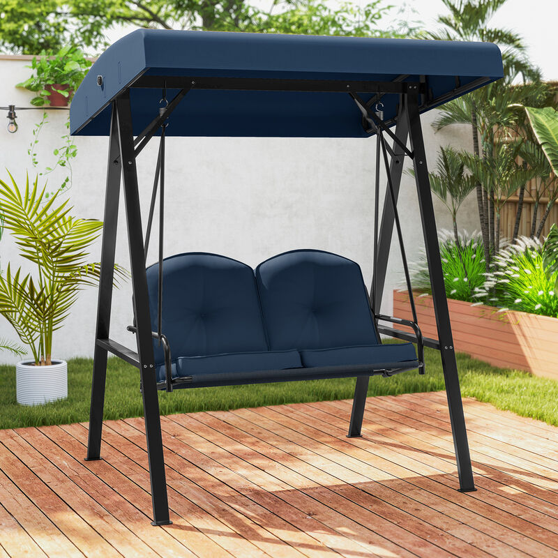 2-Person Outdoor Porch Swing with A-Frame Stand and Adjustable Canopy