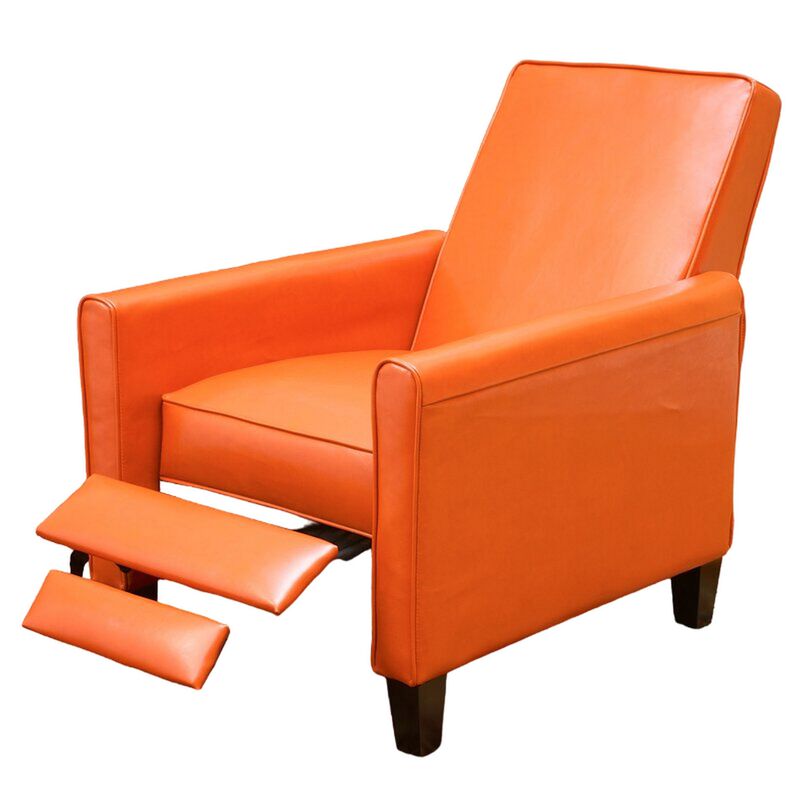 Zuca Pushback Recliner Club Chair, Black Wood, Orange Floral Faux Leather - Benzara