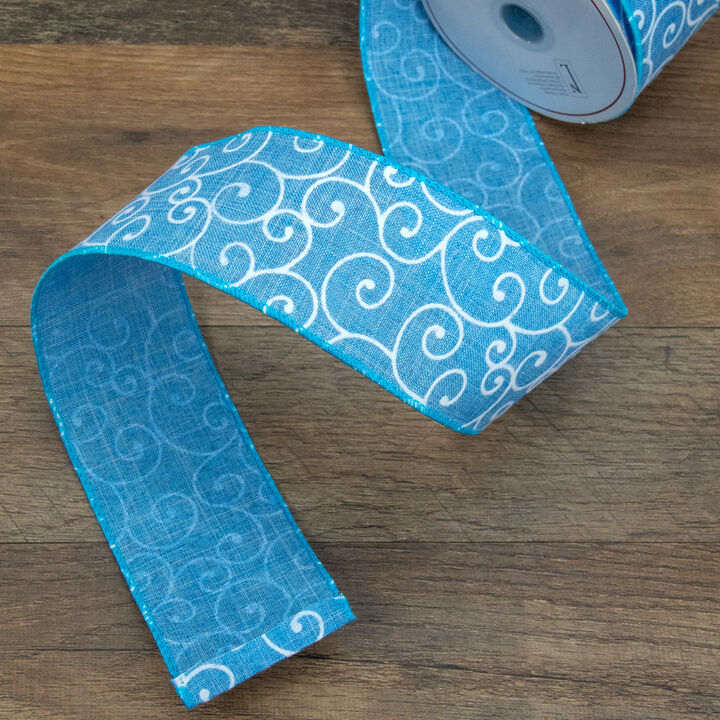 Blue and White Swirl Wired Spring Craft Ribbon 2.5" x 10 Yards