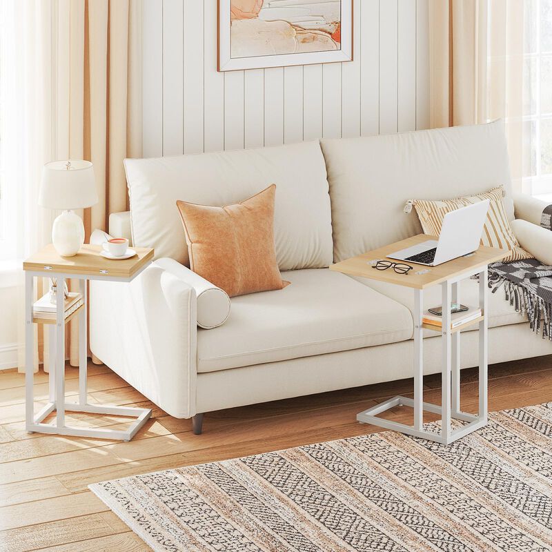 HOOBRO Foldable End Table, C Shaped Side Table with Storage Shelf, Small Snack Table Suitable for Living Room Bedroom Small Spac