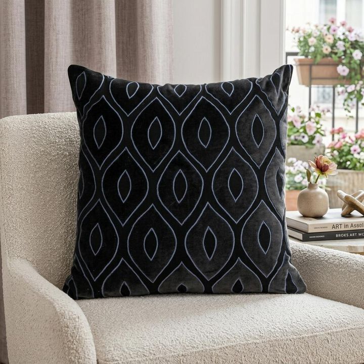 HomeRoots 22" Black and Blue Ogee Cotton Throw Pillow with Embroidery and Applique
