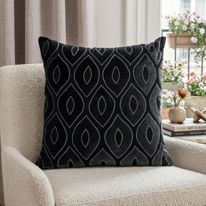 HomeRoots 22" Black and Blue Ogee Cotton Throw Pillow with Embroidery and Applique image number 1