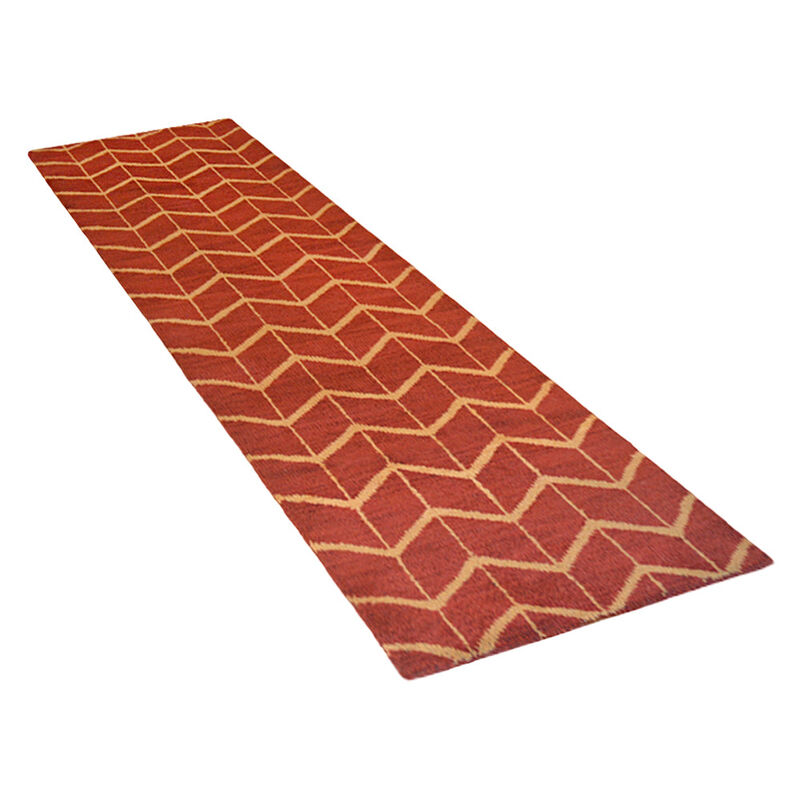 HAND KNOTTED WOOL Geometric AREA RUGS  - 2'6''x10', Runner Shape, Red Gold Color, Geometric Modern, Medium Pile Handmade Area Rugs for Living Room, Bed Room (N01052)