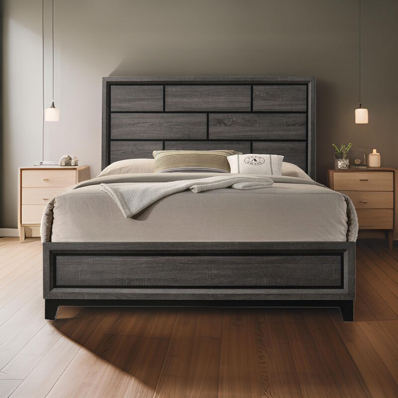 Erica King Size Bed, Gray and Black Wood Finish, Panel Style Headboard - Benzara