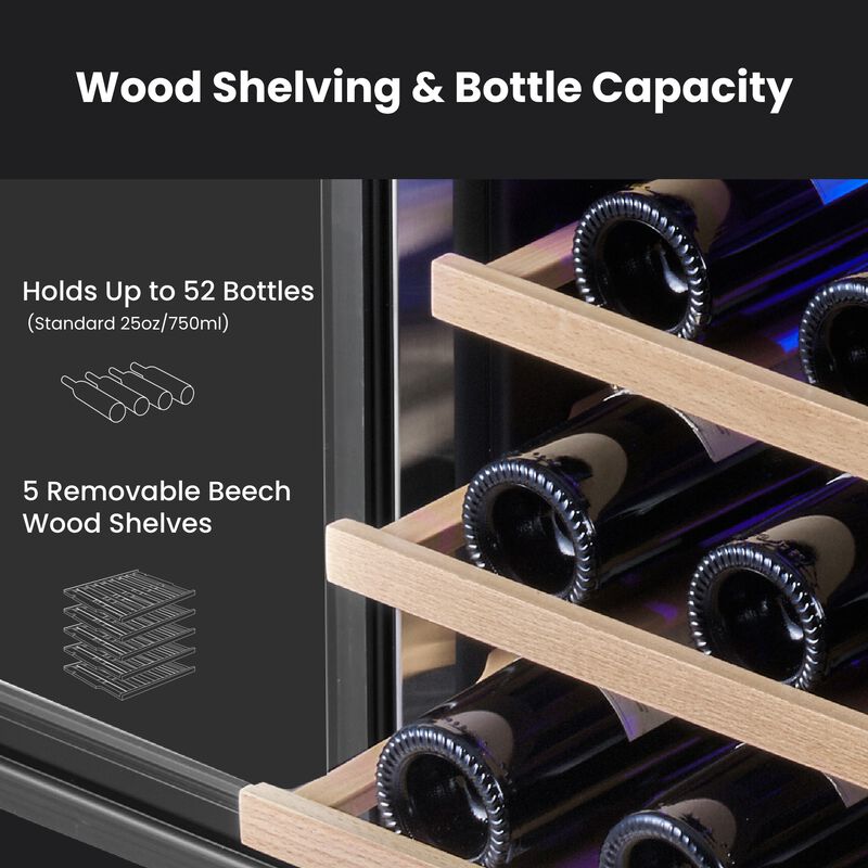 24 Inch Built-in Wine Fridge, Dual-Zone Refrigerator, Holds 52 Bottles, 40-65&deg;F, Glass Door, Perfect for Home, Bar or Office image number 3