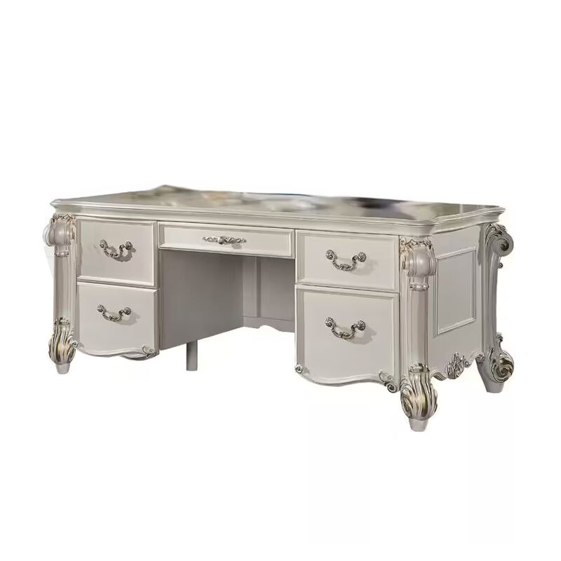 Antoine Home Office Desk, 5 Drawer, Pearl White Wood Gold, 74 Inch - Benzara