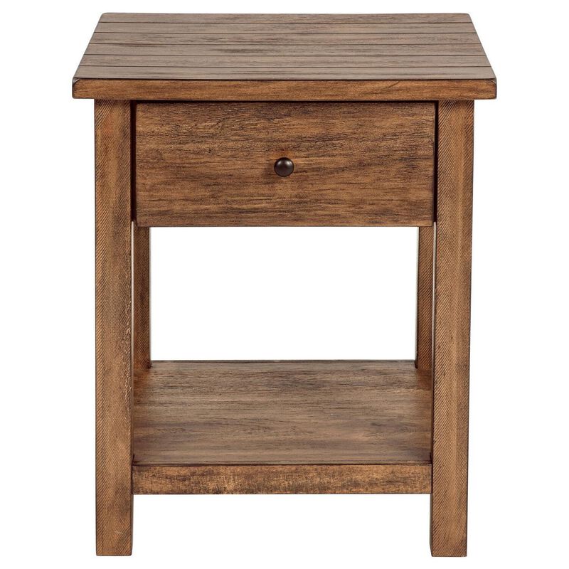 Ayne Side End Table, 1 Shelf, 1 Drawer, Brown Wood, Square 20 Inch