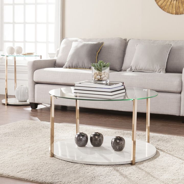 Hivvago 33 Inch  Gold Glam Glass And Faux Marble Two Tier Round Coffee Table