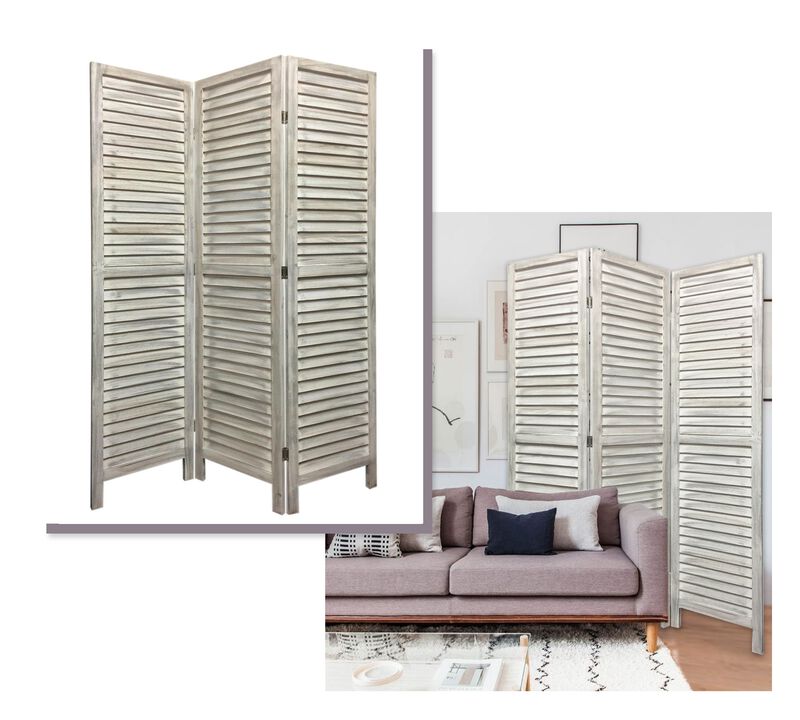 Decorative Washed Wood Shutter 3-Panel Divider &ndash; Folding Room Partition