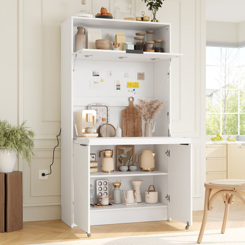 Merax Compact Kitchen Buffets 69''H Buffet with Hutch and Foldable Workstation image number 2