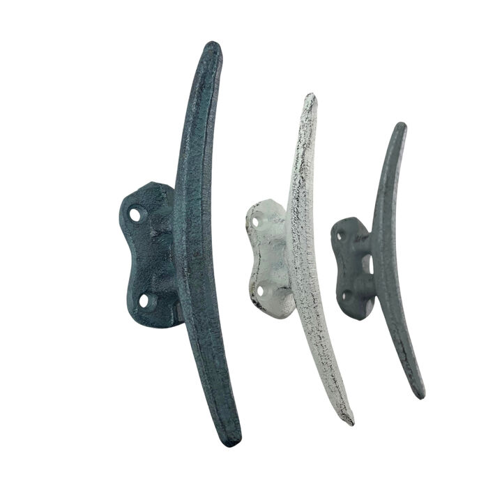 Set of 3 Cast Iron Boat Cleat Wall Hooks in Coastal Blue, Gray, and White &ndash; 5.5-Inch Decorative Nautical Hooks for Towel, Key, or Coat Hanging