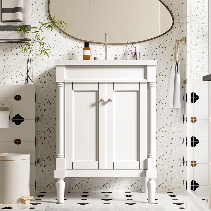24" Freestanding Bathroom Vanity with Ceramic Sink, 2-Tier Storage Cabinet, 2 Soft-Close Doors