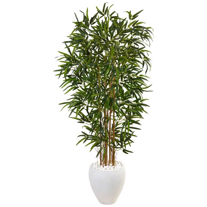 Nearly Natural 5-ft Bamboo Tree in Oval White Planter