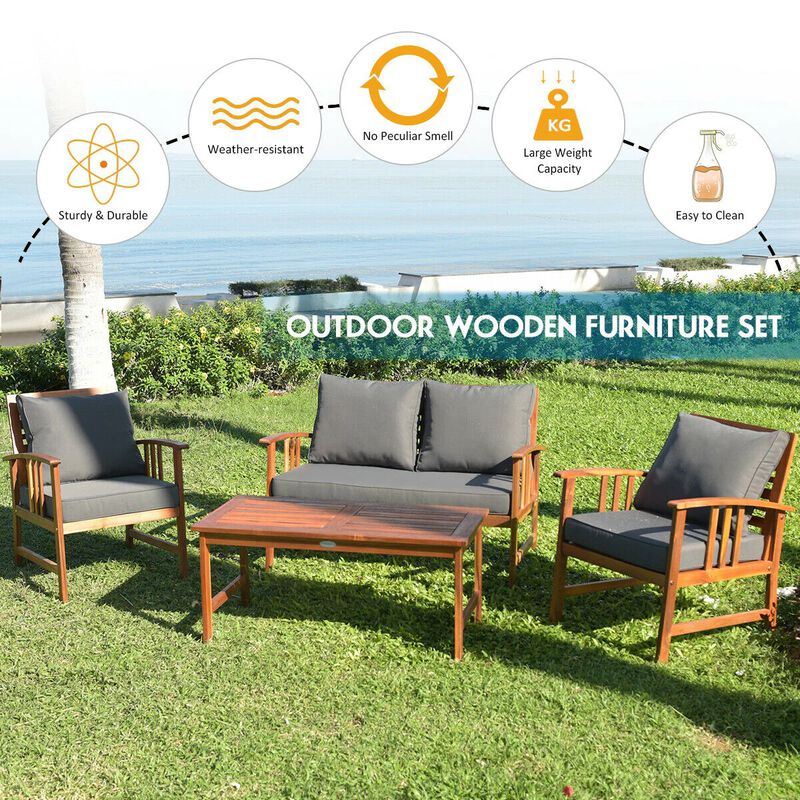 Mondawe 4 Pieces Wooden Patio Sofa Chair Set with Cushion