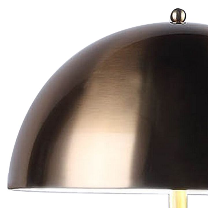 Aria 21 Inch Table Lamp, Dome Shade, Round Base, Black Faux Leather, Brass - Benzara