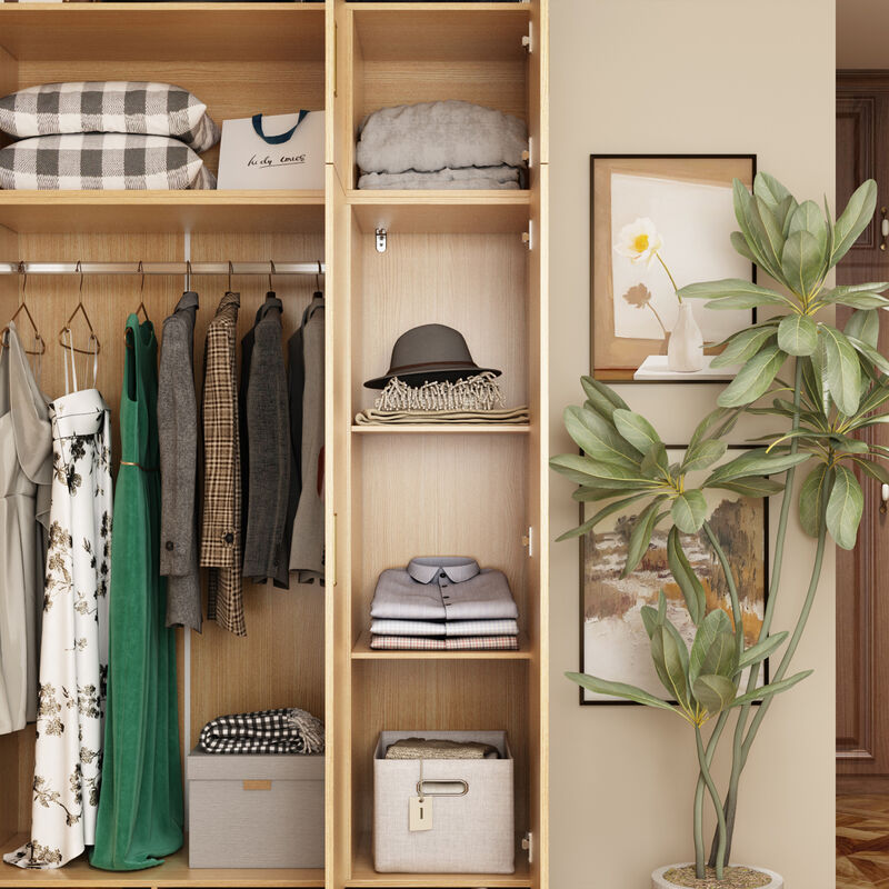 FUFU&GAGA Natural Wood 4-Door Wardrobe, MDF & Rubberwood Construction (63" W x 66.9" H x 18.1" D), Natural Wood Finish image number 5