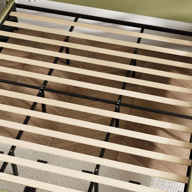 FUFU&GAGA Minimalist Leather King Bed with Iron Frame Tall Button-Detail Headboard Wood and Iron Legs 86.2''L x 79.9''W x 53.1''H Green