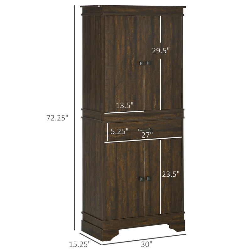 72" 4-Door Kitchen Pantry with Drawer and 3 Shelves, Walnut