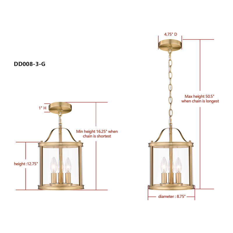 9 in. Transitional Warm Gold 3-Light Dimmable Lantern Pendant Light with Clear Glass image number 2