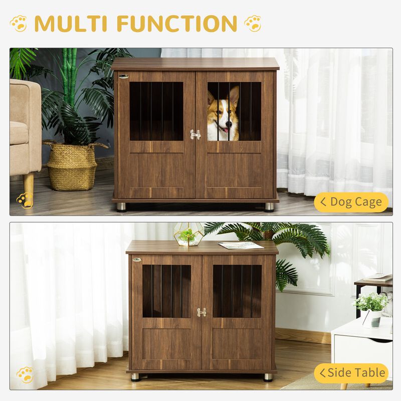 Furniture Style Dog Crate, Wooden & Wire End Table, Small & Medium Pet Crate with Magnetic Double Door Indoor Decorative Dog Kennel Cage, Brown
