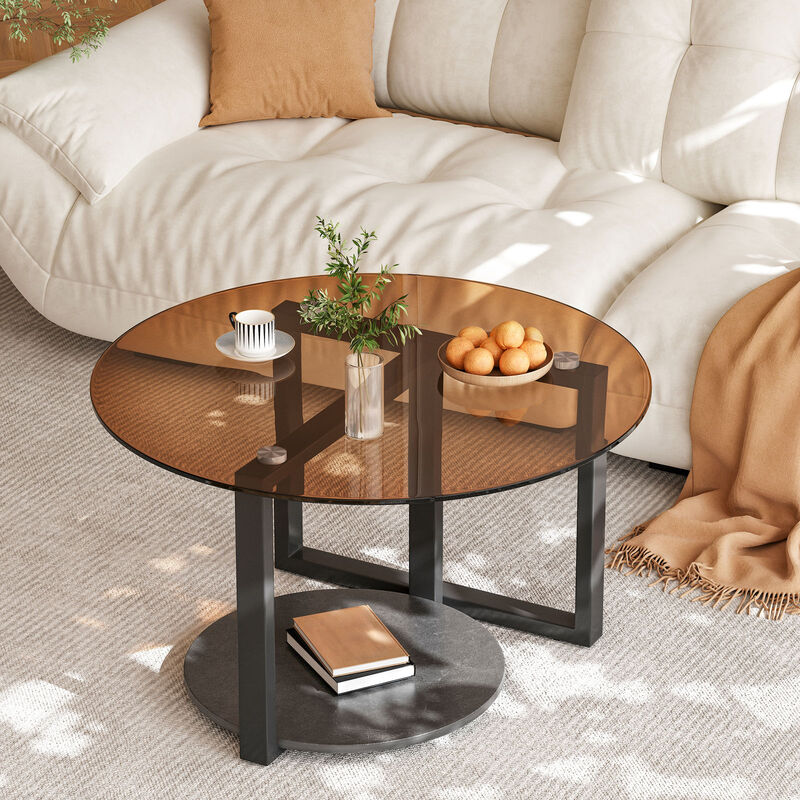Brown Glass Coffee Table Round Abstract Tempered Glass Accent Table Furniture image number 5