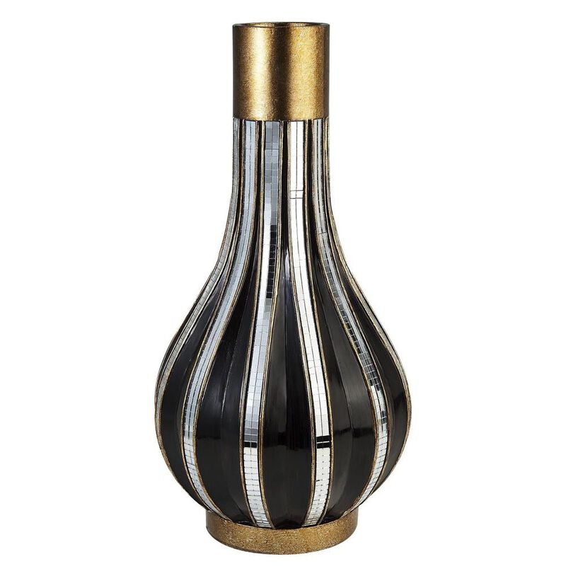 Hivvago 16 Inch Gold and Black Striped Bud Polyresin Table Vase