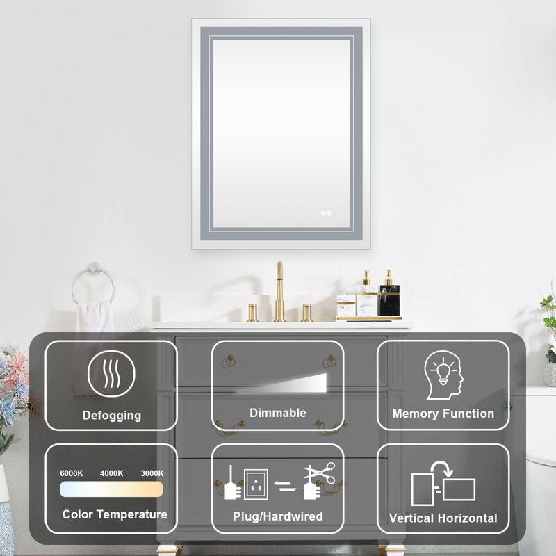 28x36 Inch LED Lighted Bathroom Mirror with 3 Colors Light, Wall Mounted Bathroom Vanity Mirror with Touch Button, Anti-Fog Dimmable Makeup Mirror (Horizontal/Vertical)