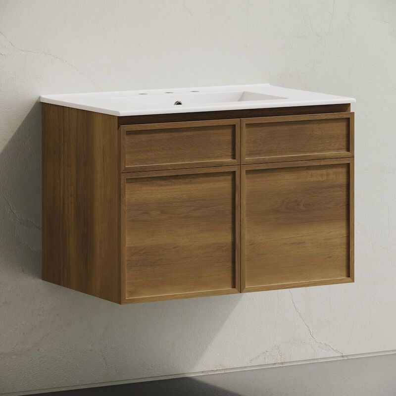 30" Wall-Mounted Bathroom Vanity in Brown Oak with 3-Hole Widespread Sink Top image number 1