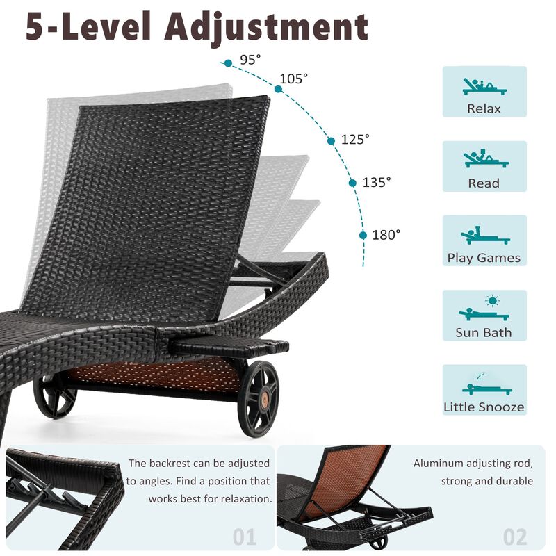 Whisen Patio Lounge Chairs with Rolling Wheels, Pull-out Side Table, Adjustable Backrest image number 5