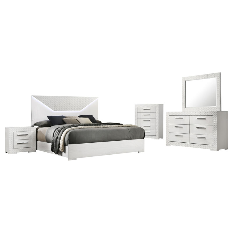 Ivon 5pc Queen Bedroom Set, Diamond Embossed, White High Gloss, LED