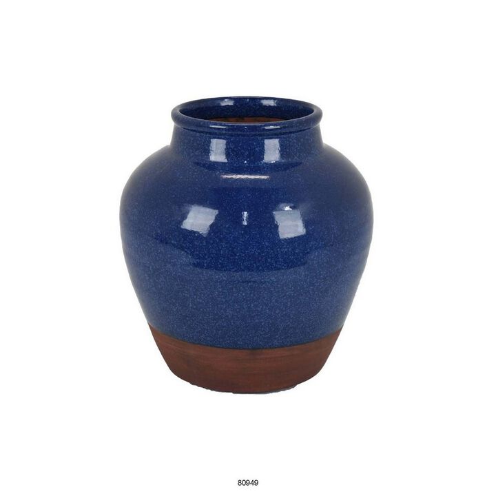 Venny 12 Inch Ceramic Flower Vase, Two Tone Antique Blue and Brown Finish - Benzara